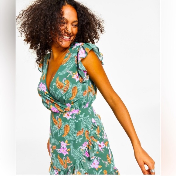 NWT Bar III Teal Paisley Floral Ruffle Blouse - Picture 7 of 8